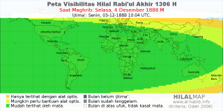 HilalMap: Peta Visibilitas Hilal Rabiul-Akhir 1306 H: rukyat tanggal 1888-12-4 M