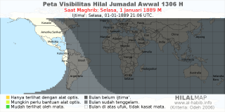 HilalMap: Peta Visibilitas Hilal Jumadal-Awwal 1306 H: rukyat tanggal 1889-1-1 M