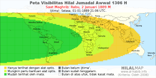 HilalMap: Peta Visibilitas Hilal Jumadal-Awwal 1306 H: rukyat tanggal 1889-1-2 M