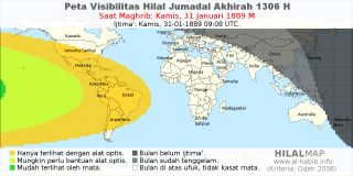 HilalMap: Peta Visibilitas Hilal Jumadal-Akhirah 1306 H: rukyat tanggal 1889-1-31 M