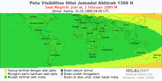HilalMap: Peta Visibilitas Hilal Jumadal-Akhirah 1306 H: rukyat tanggal 1889-2-1 M