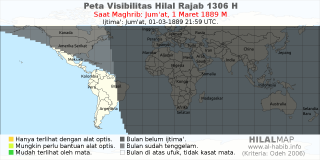HilalMap: Peta Visibilitas Hilal Rajab 1306 H: rukyat tanggal 1889-3-1 M