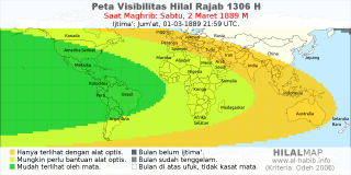 HilalMap: Peta Visibilitas Hilal Rajab 1306 H: rukyat tanggal 1889-3-2 M