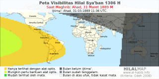HilalMap: Peta Visibilitas Hilal Syaban 1306 H: rukyat tanggal 1889-3-31 M