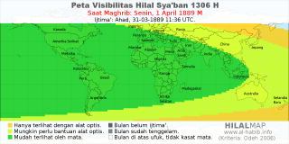 HilalMap: Peta Visibilitas Hilal Syaban 1306 H: rukyat tanggal 1889-4-1 M