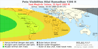 HilalMap: Peta Visibilitas Hilal Ramadhan 1306 H: rukyat tanggal 1889-4-30 M