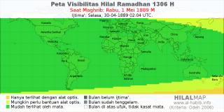HilalMap: Peta Visibilitas Hilal Ramadhan 1306 H: rukyat tanggal 1889-5-1 M