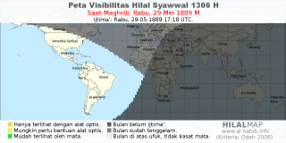 HilalMap: Peta Visibilitas Hilal Syawwal 1306 H: rukyat tanggal 1889-5-29 M