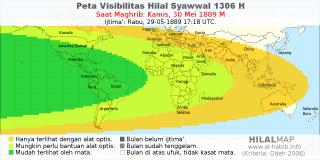 HilalMap: Peta Visibilitas Hilal Syawwal 1306 H: rukyat tanggal 1889-5-30 M