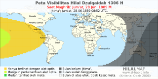 HilalMap: Peta Visibilitas Hilal Dzulqaidah 1306 H: rukyat tanggal 1889-6-28 M