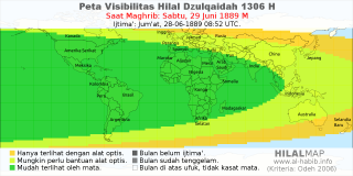 HilalMap: Peta Visibilitas Hilal Dzulqaidah 1306 H: rukyat tanggal 1889-6-29 M