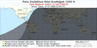 HilalMap: Peta Visibilitas Hilal Dzulhijjah 1306 H: rukyat tanggal 1889-7-27 M