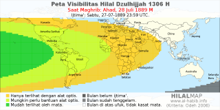 HilalMap: Peta Visibilitas Hilal Dzulhijjah 1306 H: rukyat tanggal 1889-7-28 M