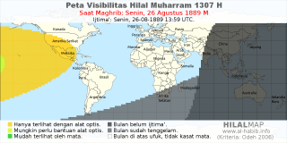 HilalMap: Peta Visibilitas Hilal Muharram 1307 H: rukyat tanggal 1889-8-26 M