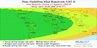 HilalMap: Peta Visibilitas Hilal Muharram 1307 H: rukyat tanggal 1889-8-27 M