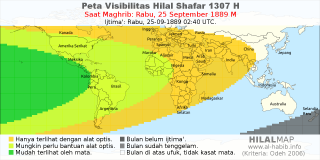 HilalMap: Peta Visibilitas Hilal Shafar 1307 H: rukyat tanggal 1889-9-25 M