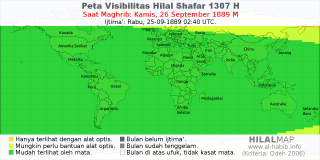 HilalMap: Peta Visibilitas Hilal Shafar 1307 H: rukyat tanggal 1889-9-26 M