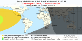 HilalMap: Peta Visibilitas Hilal Rabiul-Awwal 1307 H: rukyat tanggal 1889-10-24 M