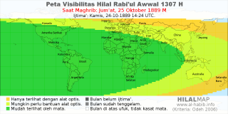 HilalMap: Peta Visibilitas Hilal Rabiul-Awwal 1307 H: rukyat tanggal 1889-10-25 M