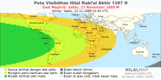 HilalMap: Peta Visibilitas Hilal Rabiul-Akhir 1307 H: rukyat tanggal 1889-11-23 M