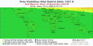 HilalMap: Peta Visibilitas Hilal Rabiul-Akhir 1307 H: rukyat tanggal 1889-11-24 M