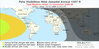 HilalMap: Peta Visibilitas Hilal Jumadal-Awwal 1307 H: rukyat tanggal 1889-12-22 M