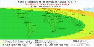 HilalMap: Peta Visibilitas Hilal Jumadal-Awwal 1307 H: rukyat tanggal 1889-12-23 M