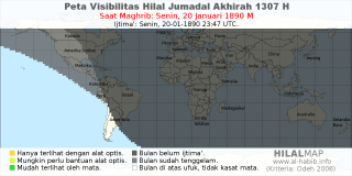 HilalMap: Peta Visibilitas Hilal Jumadal-Akhirah 1307 H: rukyat tanggal 1890-1-20 M