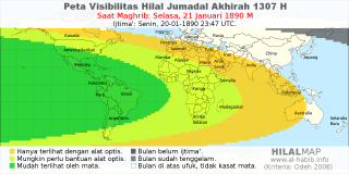 HilalMap: Peta Visibilitas Hilal Jumadal-Akhirah 1307 H: rukyat tanggal 1890-1-21 M