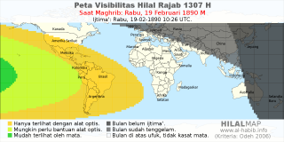 HilalMap: Peta Visibilitas Hilal Rajab 1307 H: rukyat tanggal 1890-2-19 M