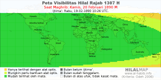 HilalMap: Peta Visibilitas Hilal Rajab 1307 H: rukyat tanggal 1890-2-20 M
