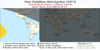 HilalMap: Peta Visibilitas Hilal Syaban 1307 H: rukyat tanggal 1890-3-20 M