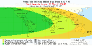 HilalMap: Peta Visibilitas Hilal Syaban 1307 H: rukyat tanggal 1890-3-21 M