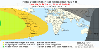 HilalMap: Peta Visibilitas Hilal Ramadhan 1307 H: rukyat tanggal 1890-4-19 M