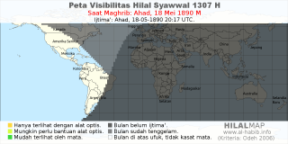 HilalMap: Peta Visibilitas Hilal Syawwal 1307 H: rukyat tanggal 1890-5-18 M