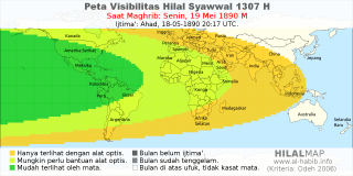 HilalMap: Peta Visibilitas Hilal Syawwal 1307 H: rukyat tanggal 1890-5-19 M