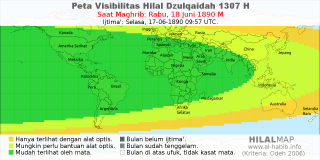 HilalMap: Peta Visibilitas Hilal Dzulqaidah 1307 H: rukyat tanggal 1890-6-18 M