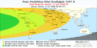HilalMap: Peta Visibilitas Hilal Dzulhijjah 1307 H: rukyat tanggal 1890-7-17 M