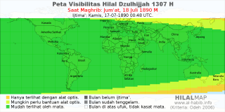 HilalMap: Peta Visibilitas Hilal Dzulhijjah 1307 H: rukyat tanggal 1890-7-18 M