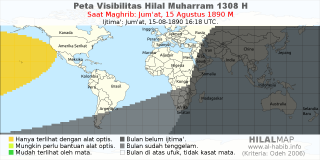 HilalMap: Peta Visibilitas Hilal Muharram 1308 H: rukyat tanggal 1890-8-15 M