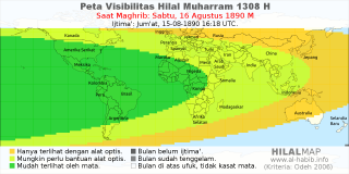 HilalMap: Peta Visibilitas Hilal Muharram 1308 H: rukyat tanggal 1890-8-16 M