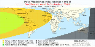 HilalMap: Peta Visibilitas Hilal Shafar 1308 H: rukyat tanggal 1890-9-14 M