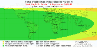 HilalMap: Peta Visibilitas Hilal Shafar 1308 H: rukyat tanggal 1890-9-15 M
