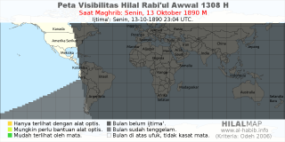 HilalMap: Peta Visibilitas Hilal Rabiul-Awwal 1308 H: rukyat tanggal 1890-10-13 M