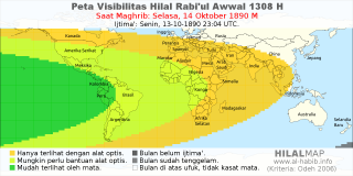 HilalMap: Peta Visibilitas Hilal Rabiul-Awwal 1308 H: rukyat tanggal 1890-10-14 M