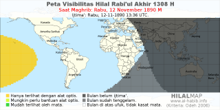 HilalMap: Peta Visibilitas Hilal Rabiul-Akhir 1308 H: rukyat tanggal 1890-11-12 M