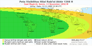 HilalMap: Peta Visibilitas Hilal Rabiul-Akhir 1308 H: rukyat tanggal 1890-11-13 M