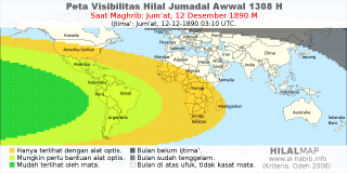 HilalMap: Peta Visibilitas Hilal Jumadal-Awwal 1308 H: rukyat tanggal 1890-12-12 M