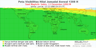 HilalMap: Peta Visibilitas Hilal Jumadal-Awwal 1308 H: rukyat tanggal 1890-12-13 M