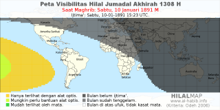 HilalMap: Peta Visibilitas Hilal Jumadal-Akhirah 1308 H: rukyat tanggal 1891-1-10 M